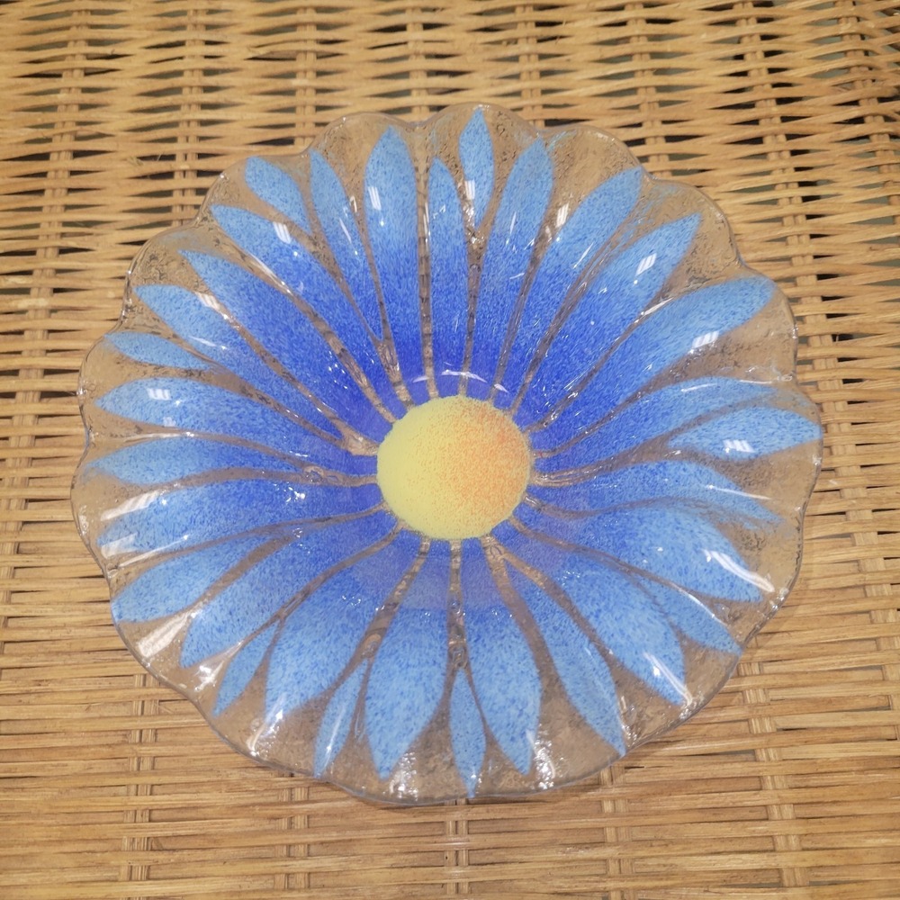 Sydenstricker Fused Art Glass‎ 7 Inch Candy Bowl Blue Daisy Spring Decor Signed